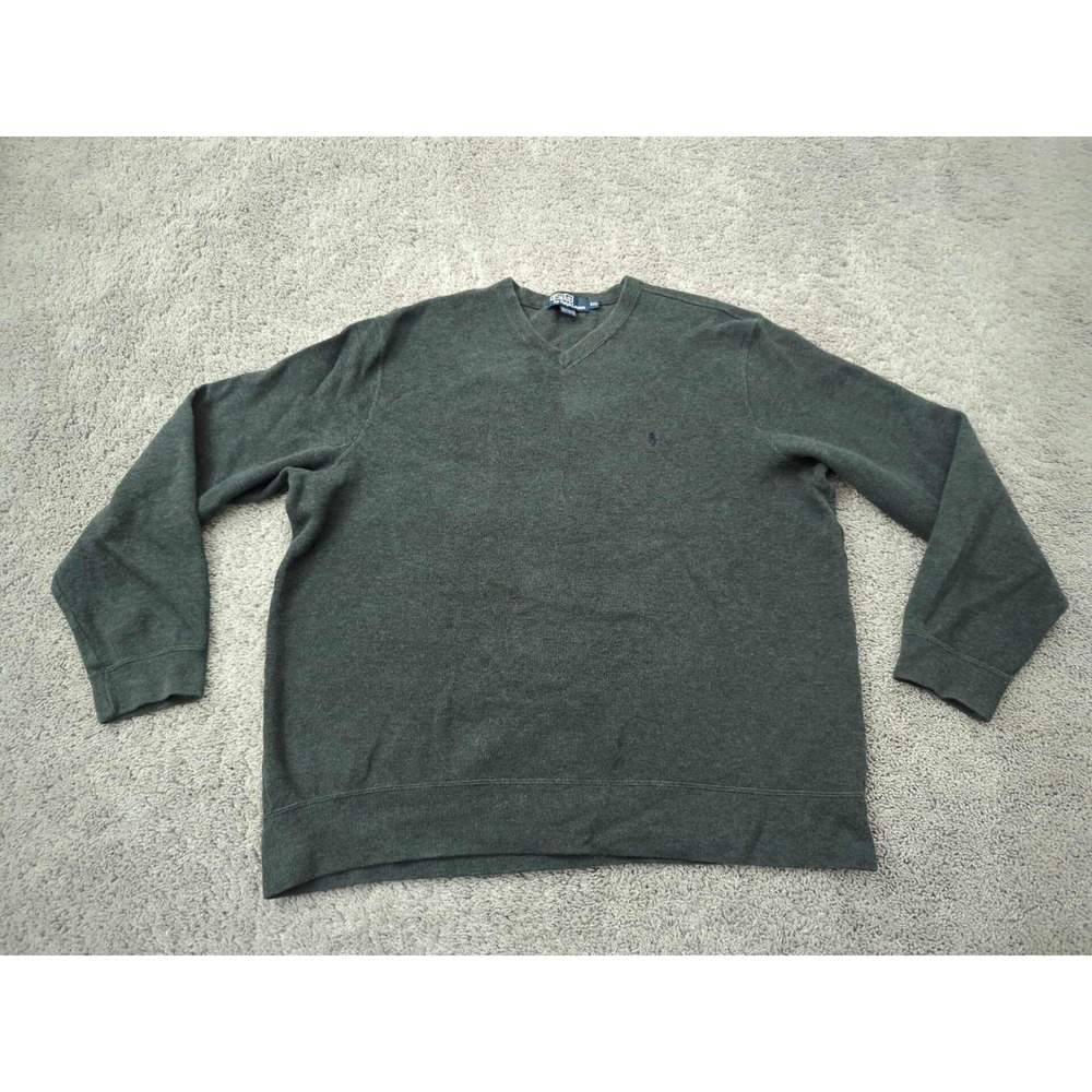 Polo Ralph Lauren Sweater Mens XXL Gray Pullover V-Neck Logo Made in Hong Kong